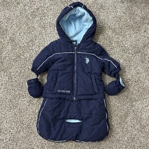 NWT U.S. Polo Assn Snowsuit Coat Hooded Puffer Logo Jacket 6/9 Months Navy
